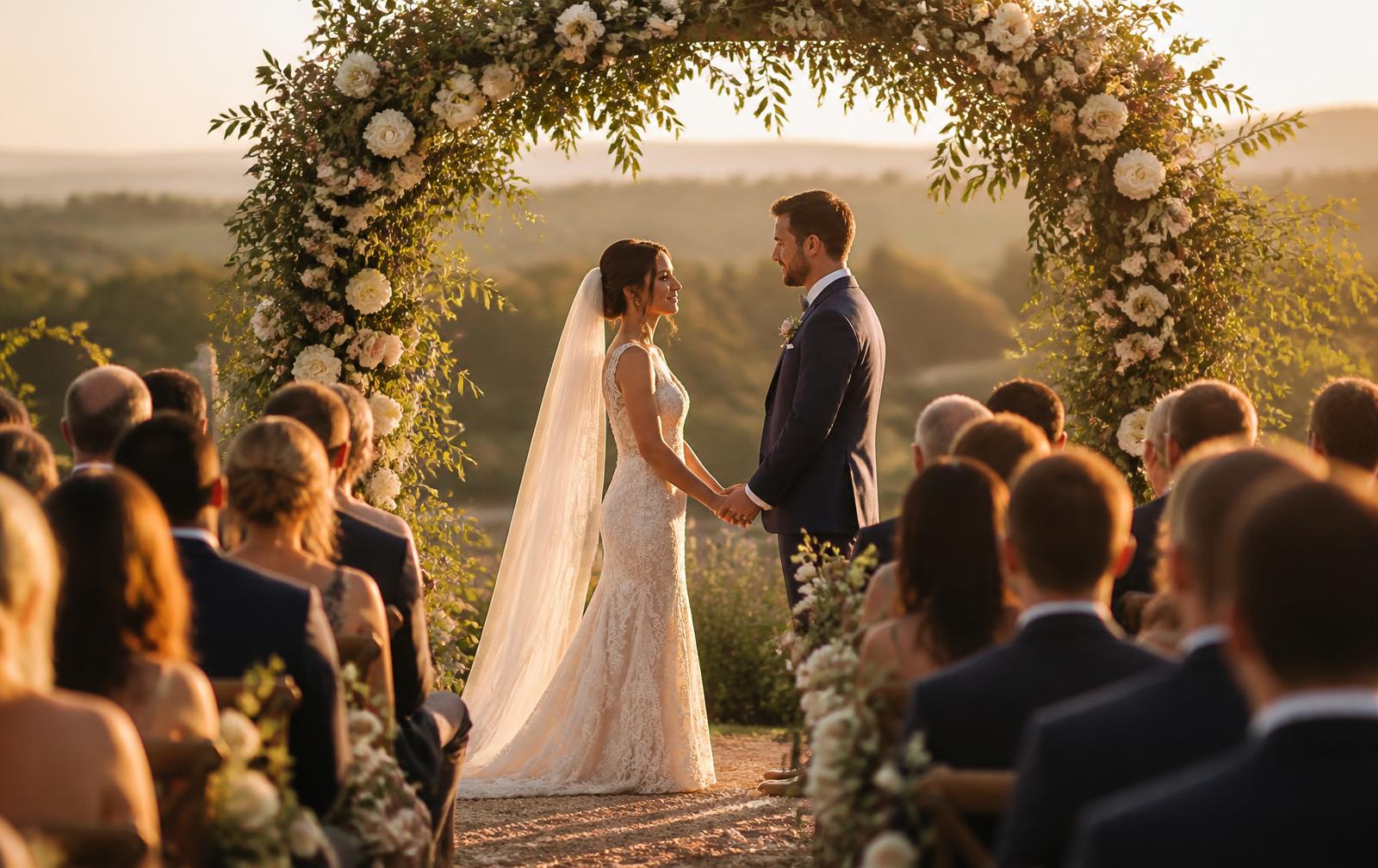 Casal de mãos dadas em uma cerimônia de casamento ao ar livre no fim da tarde