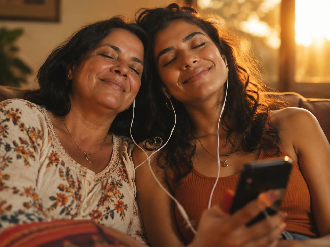 Mãe e filha ouvindo juntas uma música personalizada no celular, compartilhando um momento de carinho.